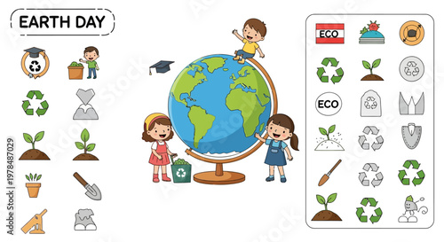 A colorful vector illustration shows children interacting with a globe, surrounded by Earth Day education icons and designs for a classroom poster, set against a clean white background