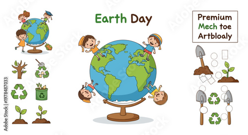 Illustrated vector design featuring children around a globe for an Earth Day classroom poster, presented against a clean white background with vibrant colors, ideal for kids' education