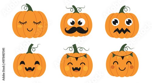Collection of six cheerful pumpkin icons with different cute faces including winking eyes, mustaches, jagged teeth, and festive bunting banners.