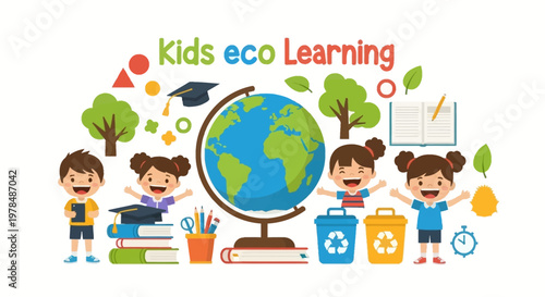 Cheerful children are featured in a vibrant Earth Day education vector illustration, designed as a classroom poster with a globe and books, set against a clean white background and rendered