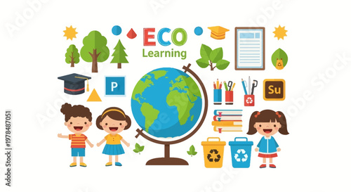 Illustrated earth day classroom poster featuring cheerful children, a globe, and school supplies, set against a clean white background, with a playful and educational mood in bright