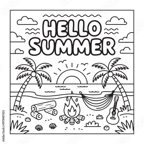 Hello, summer coloring pages for kids, teens, and adults. line art illustration.