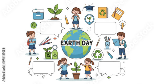 A vector illustration features children around the Earth Day globe, designed as a classroom poster for kids' education, complete with speech bubbles for worksheets and educational