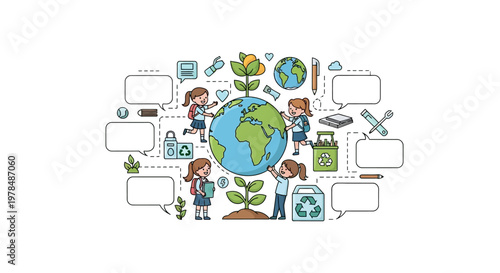 Illustrated Earth Day poster design featuring children surrounding a globe with speech bubbles against a clean white background, styled as a classroom education vector with cheerful