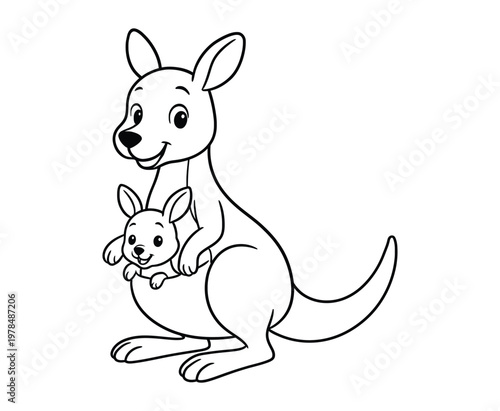 Cute cartoon mama kangaroo with baby joey in pouch black and white outline.