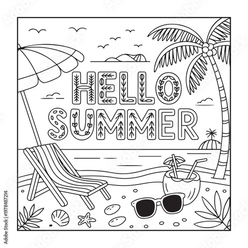 Hello, summer coloring pages for kids, teens, and adults. line art illustration.