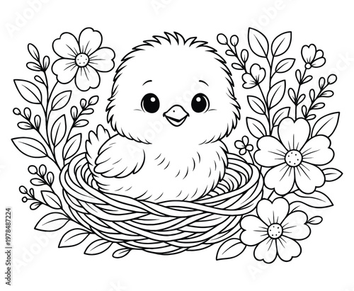 Happy little chick sitting in a flower and leaf filled nest black and white.