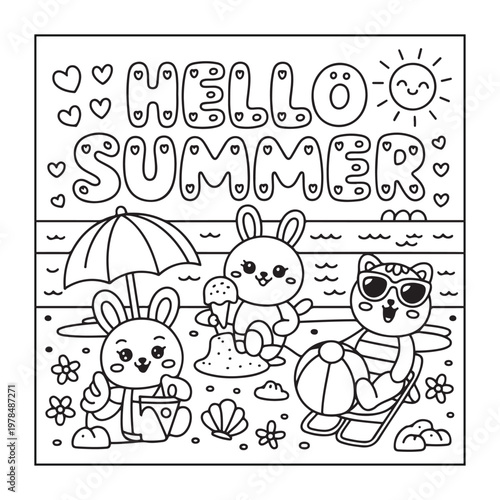 Hello, summer coloring pages for kids, teens, and adults. line art illustration.