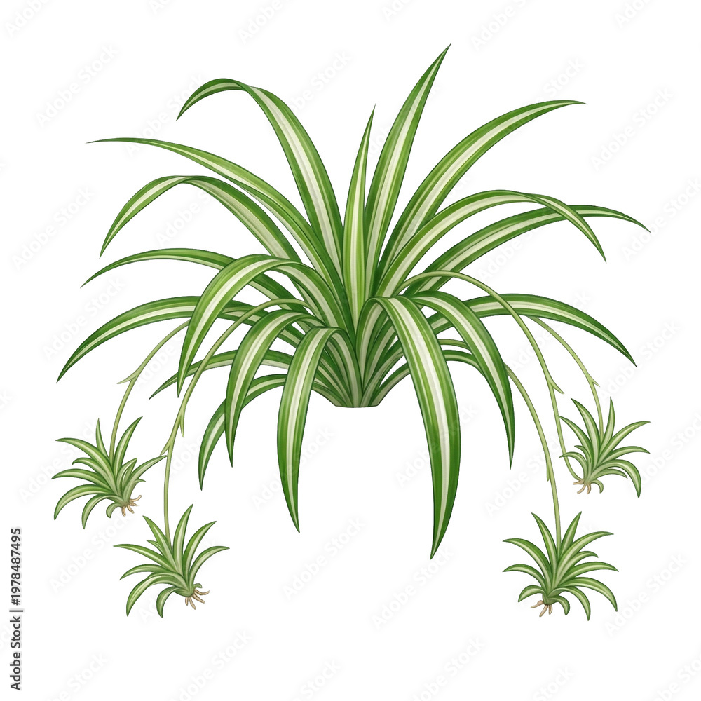 Fototapeta premium Spider plant with variegated green and white leaves and hanging plantlets isolated on a white background