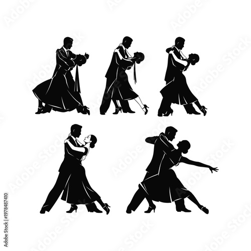 Elegant ballroom dance couples vector illustration silhouette set for formal event graphics.