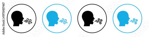 Respiratory problem symbol. Human head silhouette exhaling airflow inside circle shape. Cough, breath and air pollution concept icon for medical, environmental and health communication. 