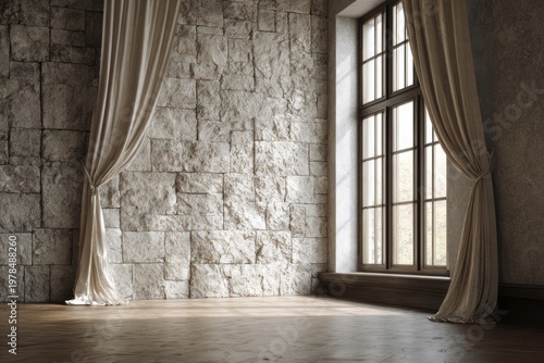 Rustic stone wall with a tall window and draped curtains.