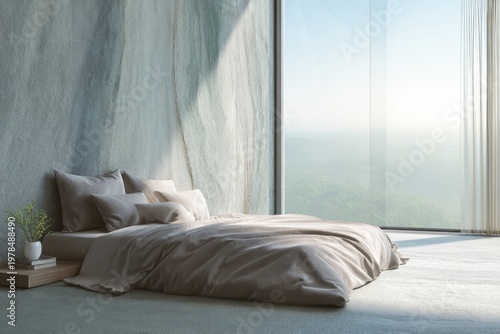 Modern bedroom with large window offering a forest view.