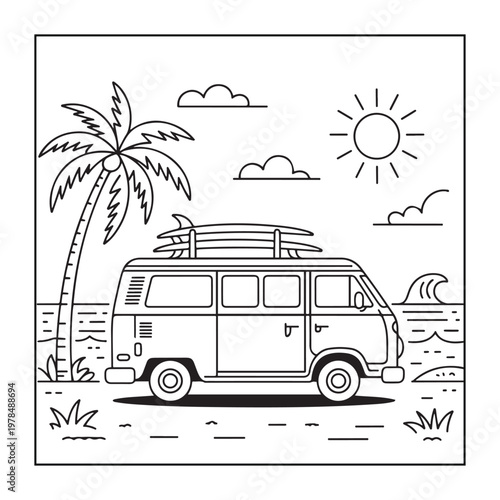 Hello, summer coloring pages for kids, teens, and adults. line art illustration.