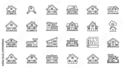Collection of simple line art illustrations depicting various house styles and a key