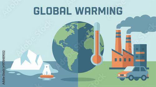 Global Warming concept illustration with melting ice, pollution, and rising temperatures