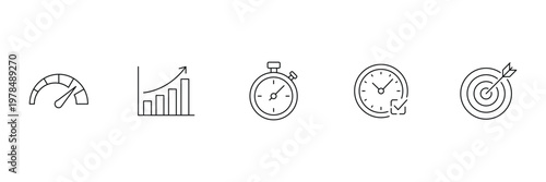 Performance and productivity business line icons for time management growth analytics goal targeting speed optimization and strategic project planning vector illustration.