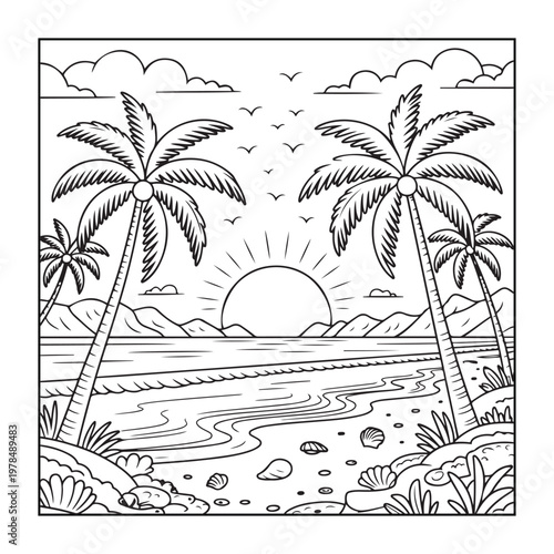 Hello, summer coloring pages for kids, teens, and adults. line art illustration.