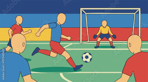 Soccer game action with a player kicking the ball towards the goal