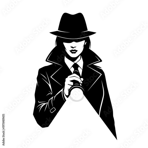 Illustration of a Mysterious Detective Holding a Flashlight in the Dark.