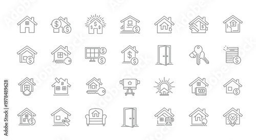 Collection of simple black line icons representing housing real estate and financial concepts