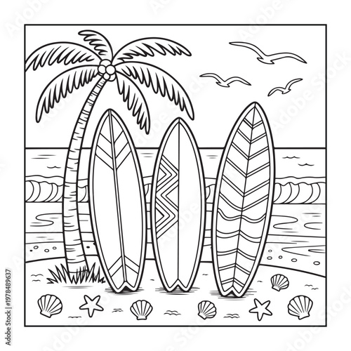 Hello, summer coloring pages for kids, teens, and adults. line art illustration.