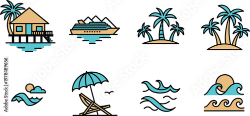 Tropical Summer Vacation and Beach Resort Icon Set Featuring Luxury Overwater Bungalow Cruise Ship Palm Trees Island Waves and Sunset for Travel and Tourism Designs