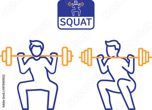Barbell squat exercise illustration before and after positions