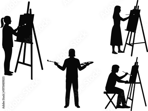 Artist Silhouette Vector Set Featuring Painters Working at Easels with Brushes and Palettes for Creative Art Studio Gallery and Educational Design Projects