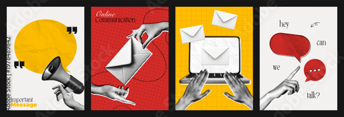 Trendy Halftone Collage Social media communication set of posters. Computer laptop with hands and envelopes. Megaphone with speech bubble messages. Business email. Contemporary vector illustration art