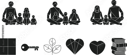 Happy Family Silhouette Icon Set with Parents and Children Including Lifestyle Symbols Like Heart Key Books and Leaves for Insurance Counseling and Social Service Designs