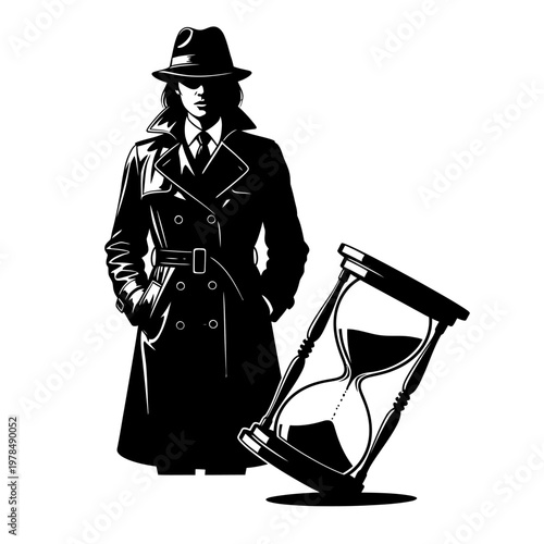 Mysterious Detective in Trench Coat with Hourglass Illustration.