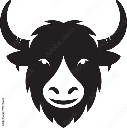 Stylized dark illustration of a yak's head with prominent horns