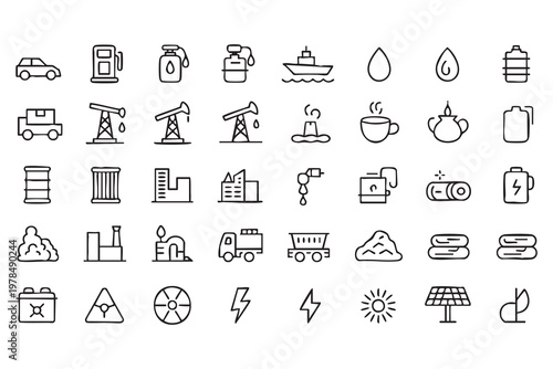 Oil Gas and Energy Industry Icon Set with Fuel and Power Symbols
