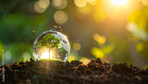 Earth globe with tree inside glass ball on soil with sunlight