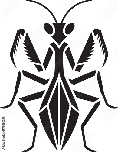 Stylized praying mantis insect illustration with sharp geometric design in outline style