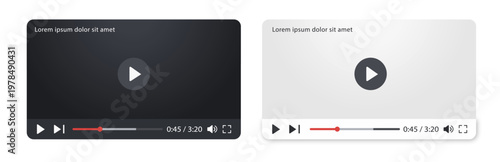 Multimedia video player ui with play button and playback controls, video streaming interface template in light and dark mode, modern minimal media player design