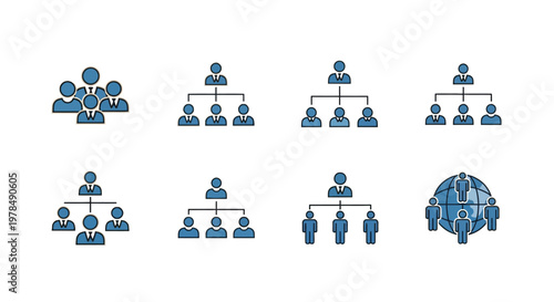 Hierarchical structure illustrations depicting organizational charts teams and global networks in a flat design