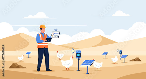Agricultural technician manages poultry farm in desert landscape with solar powered technology