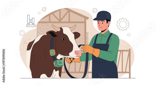 Agriculture technology concept showcasing a farmer leading a cow with high-tech monitoring equipment