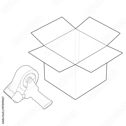 Isometric handheld packaging tape dispenser and open corrugated carton set linear drawing