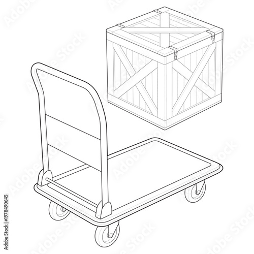 Isometric folding flatbed trolley and export crate staging set linear drawing