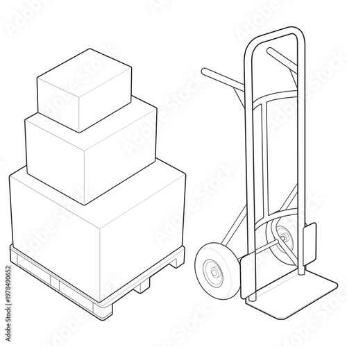 Isometric depalletizing set with hand truck and palletized boxes linear drawing
