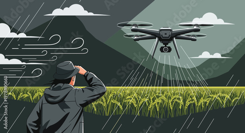 Agronomist using drone for crop monitoring and spraying agricultural fields in rainy weather