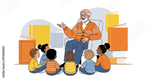 An elderly storyteller captivating children with enchanting tales surrounded by books and wonder
