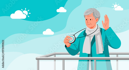 An elderly woman activates a medical alert device on her balcony offering security  and peace of