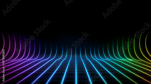 Vibrant neon grid pattern with colorful lines on dark background creates futuristic atmosphere
