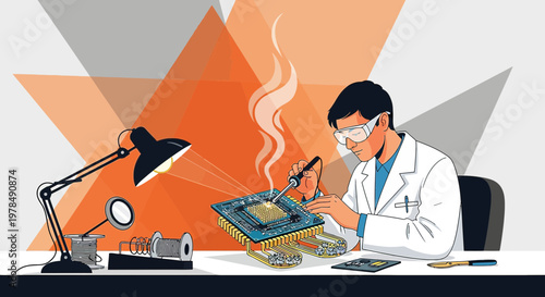 An engineer diligently repairs a computer circuit board with soldering iron at his workspace