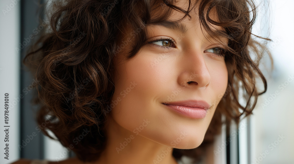 Naklejka premium Close-up portrait of a lower face and natural curly brown hair of a young woman near a window, beauty and hair lifestyle concept, defocused background, with copy space