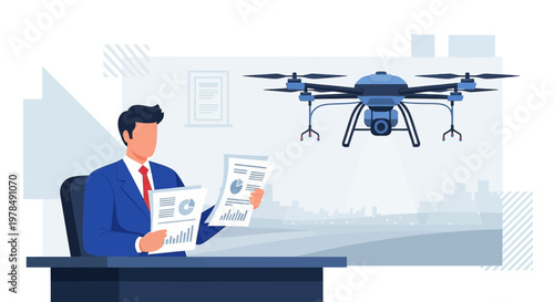 Analyzing drone investment: Businessman reviews data as drone surveys the cityscape for progress